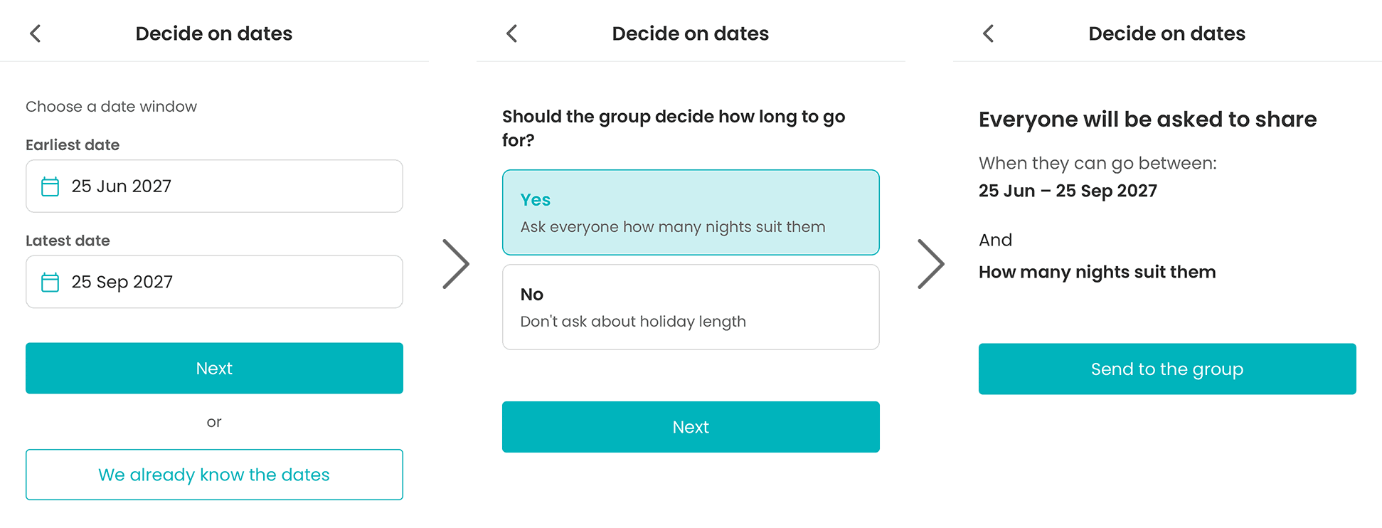 Date Check set up flow showing the date window, holiday length choice and send to the group