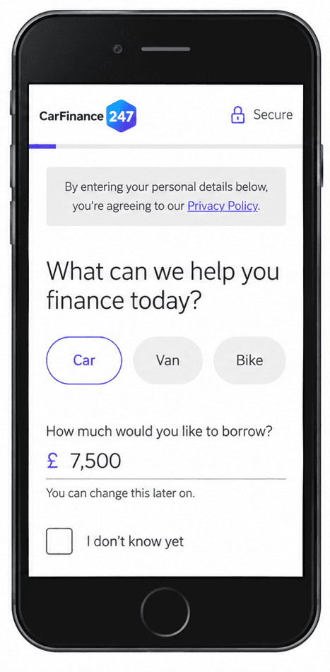 CarFinance247 redesigned application form step 1 on mobile
