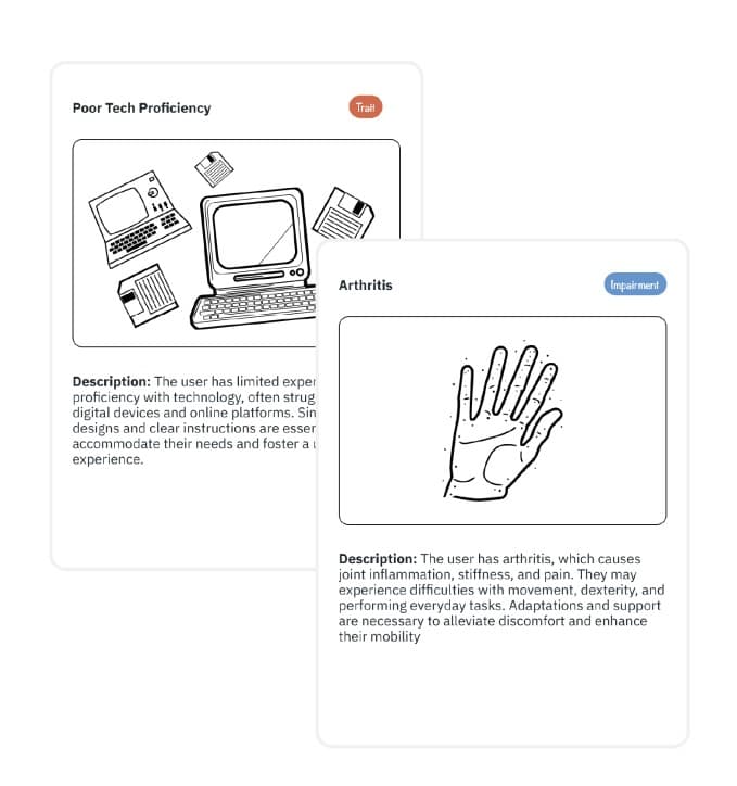 Trait card for Poor Tech Proficiency and impairment card for Arthritis
