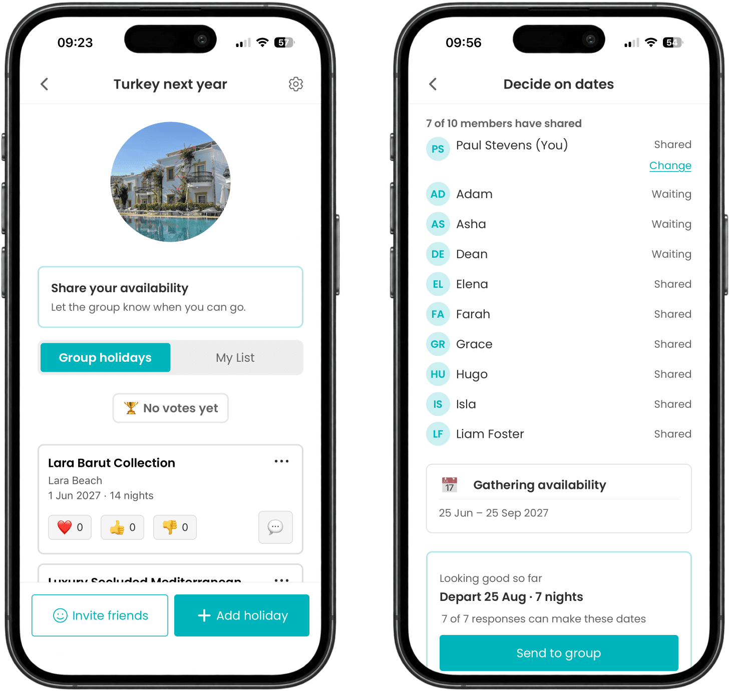 Holiboss Date Check overview showing the holiday group screen and Decide on dates availability summary