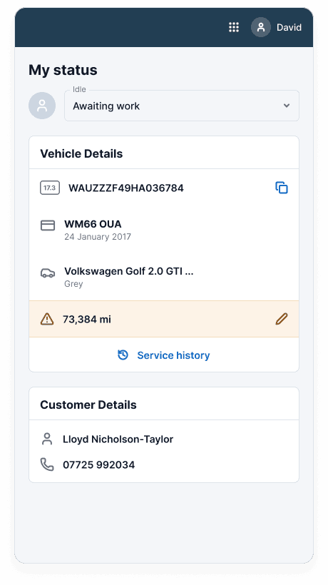 Supplied design for Keyloop product interface