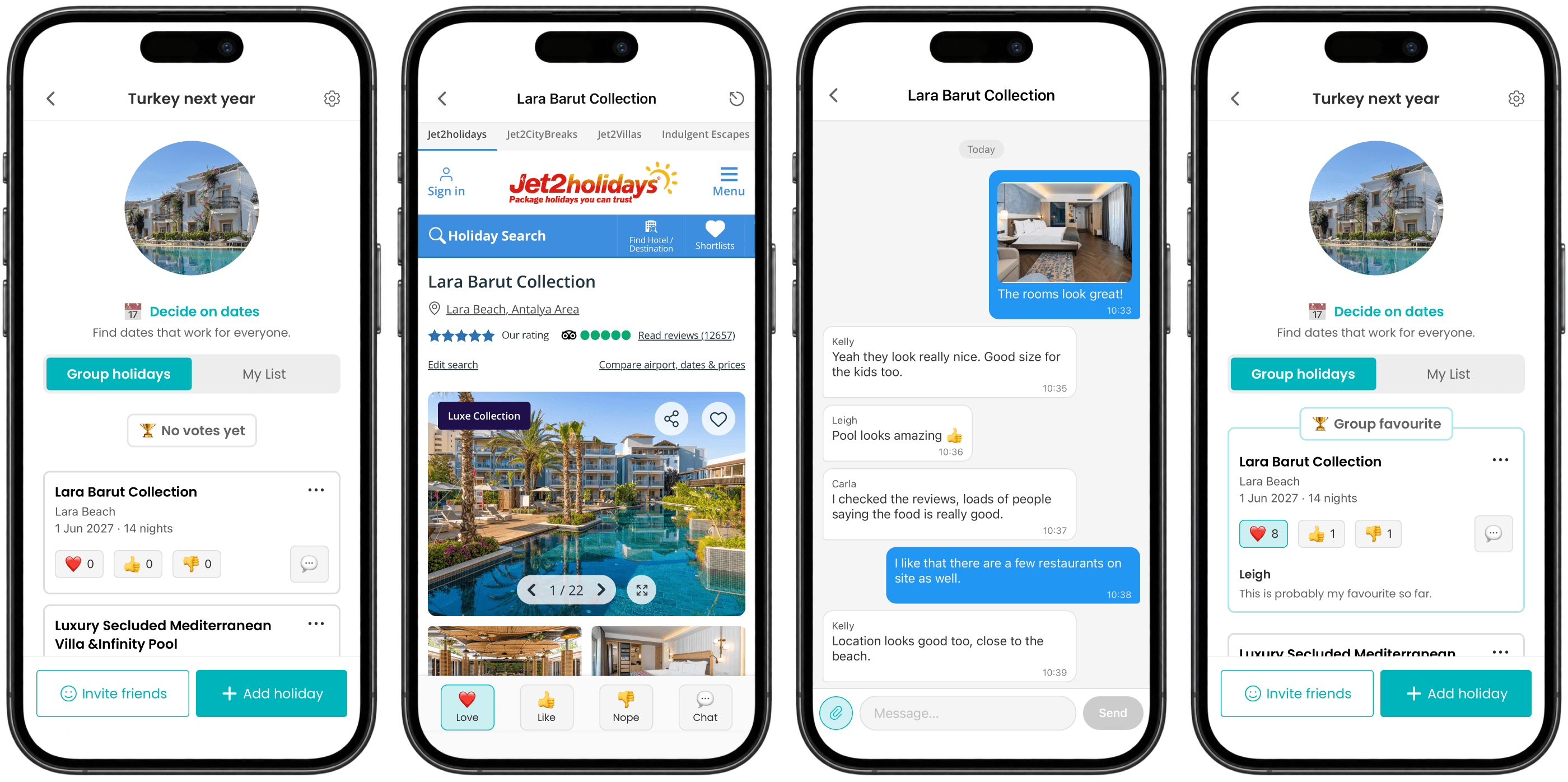 Holiboss core experience showing the holiday shortlist, option detail, Love Like and Nope voting, group chat and group favourite
