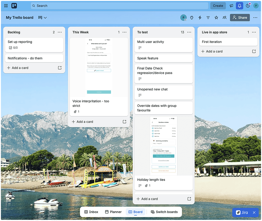 Holiboss V1 product backlog in Trello